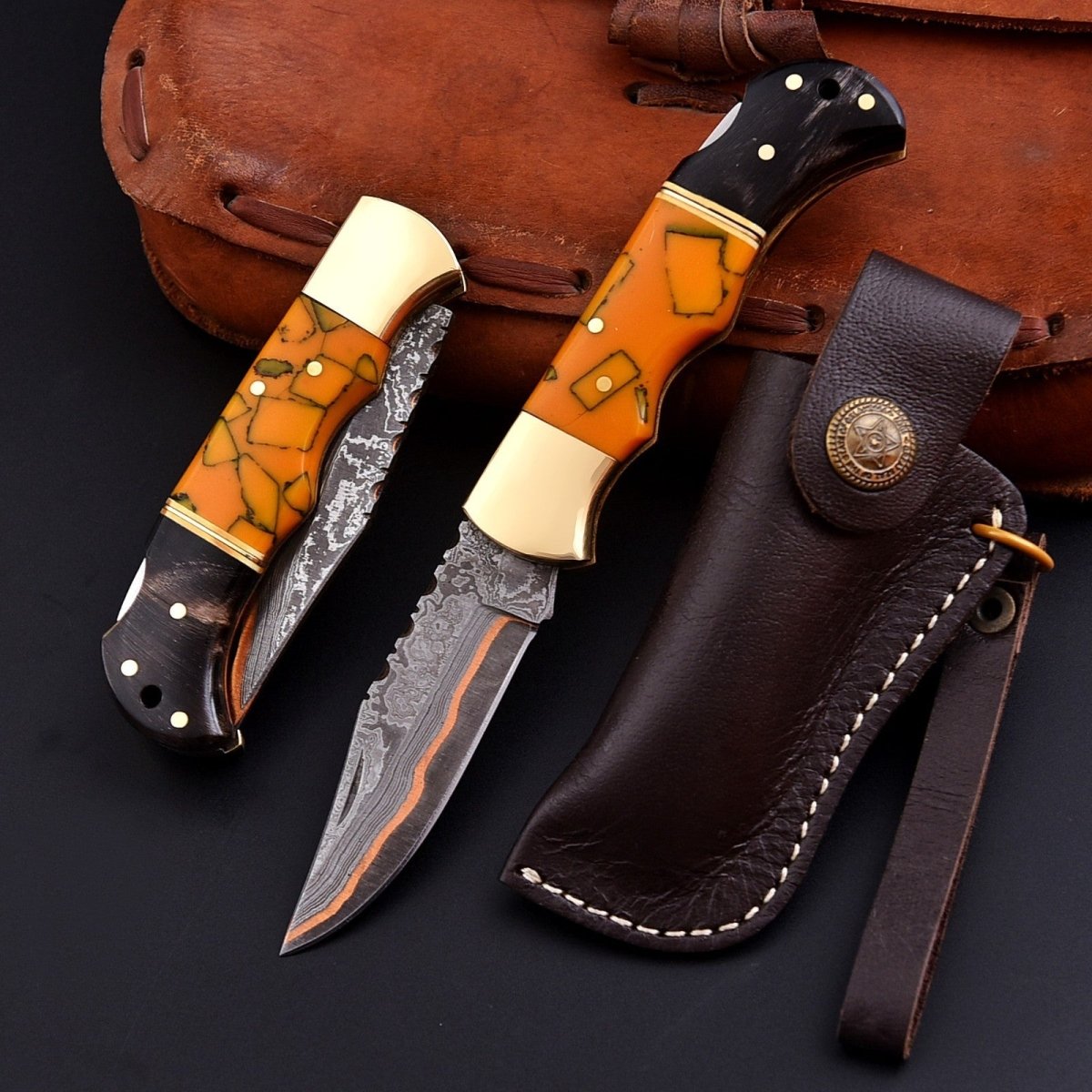 Personalized Copper Damascus Pocket Knife with Stone Bone and Brass Bolster - Lavish Blade