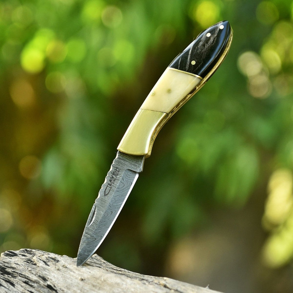 Personalized Damascus Folding Knife with Stone Bone Handle Sheath and Box - Lavish Blade