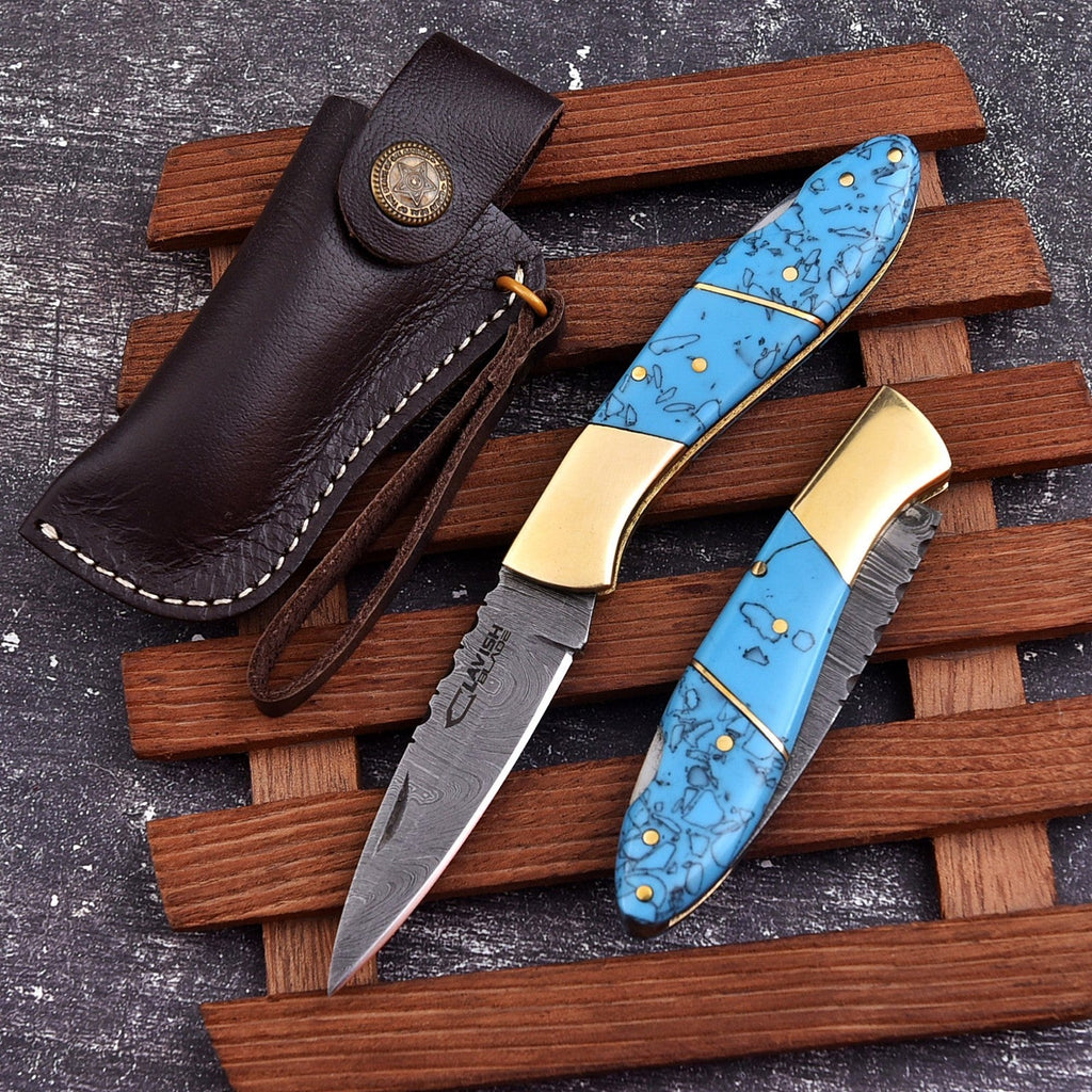 Personalized Damascus Folding Knife with Stone Bone Handle Sheath and Box - Lavish Blade