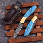 Personalized Damascus Folding Knife with Stone Bone Handle Sheath and Box - Lavish Blade