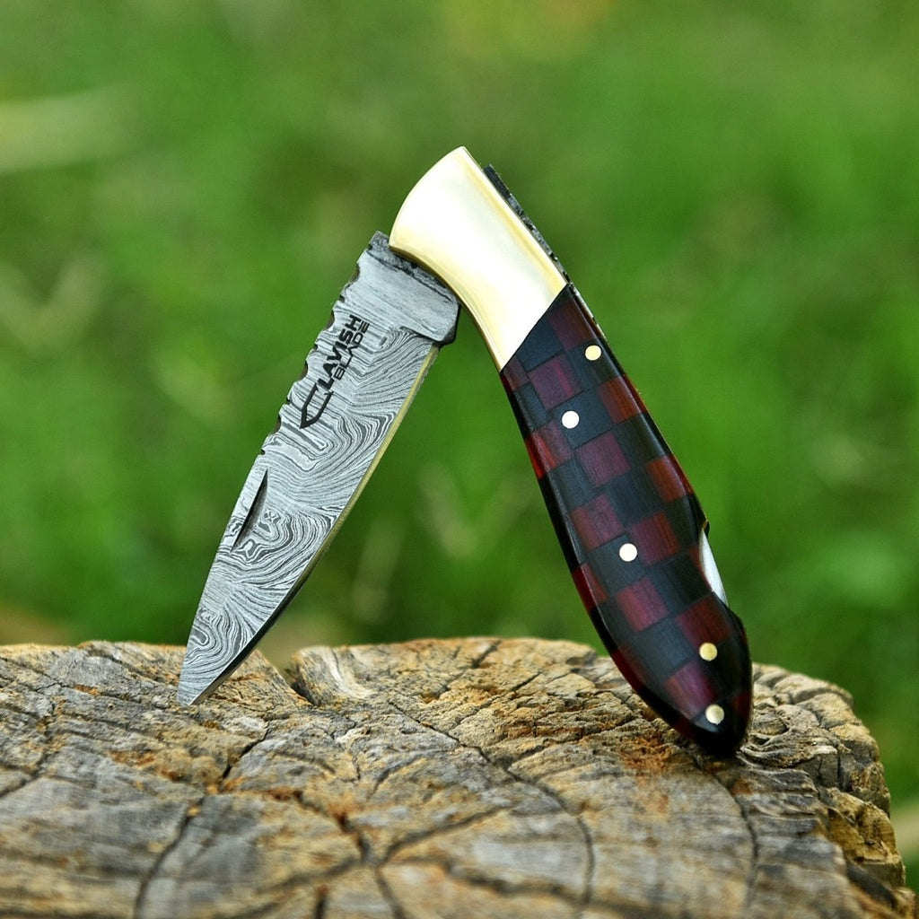 Personalized Damascus Folding Knife with Stone Bone Handle Sheath and Box - Lavish Blade