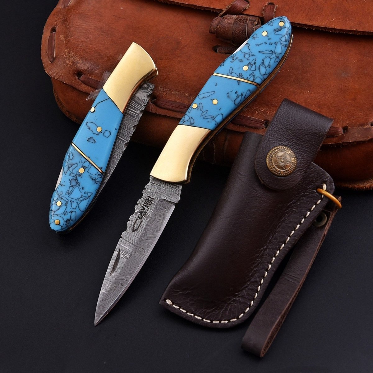 Personalized Damascus Folding Knife with Stone Bone Handle Sheath and Box - Lavish Blade