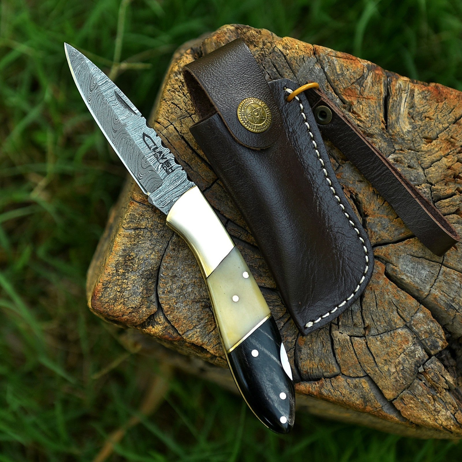 Personalized Damascus Folding Knife with Stone Bone Handle Sheath and Box - Lavish Blade