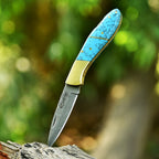 Personalized Damascus Folding Knife with Stone Bone Handle Sheath and Box - Lavish Blade