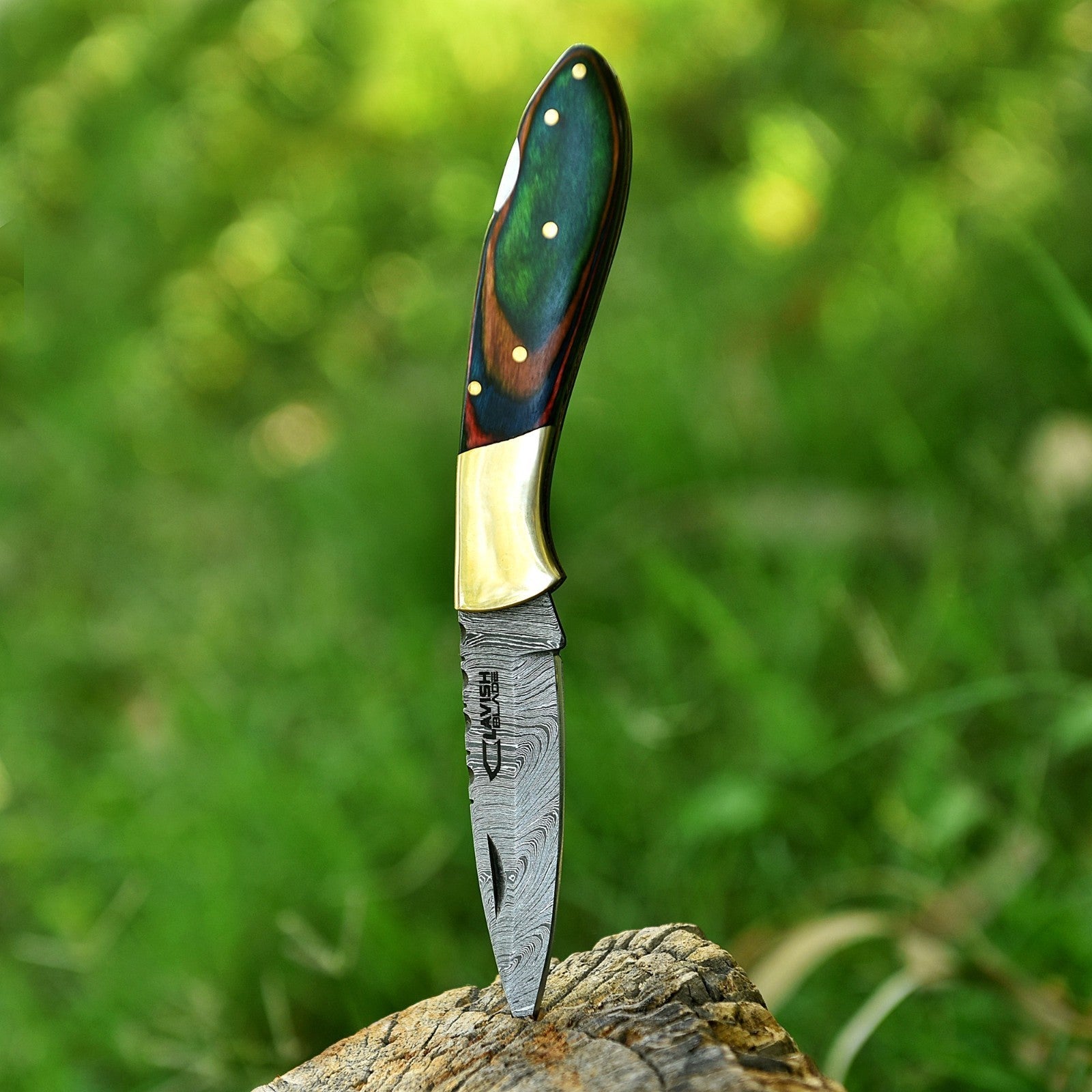 Personalized Damascus Folding Knife with Stone Bone Handle Sheath and Box - Lavish Blade