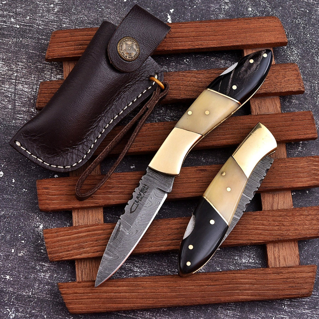 Personalized Damascus Folding Knife with Stone Bone Handle Sheath and Box - Lavish Blade