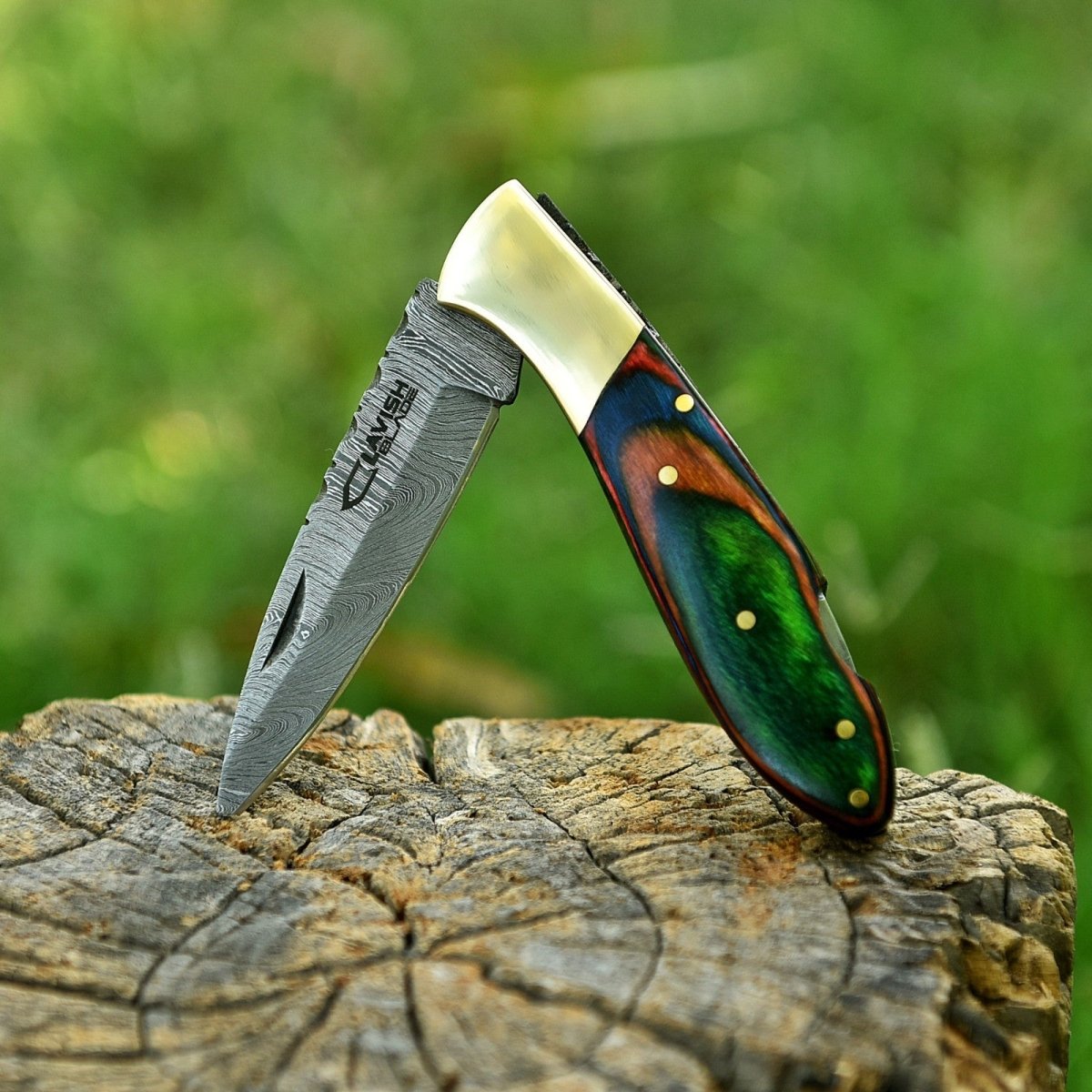 Personalized Damascus Folding Knife with Stone Bone Handle Sheath and Box - Lavish Blade
