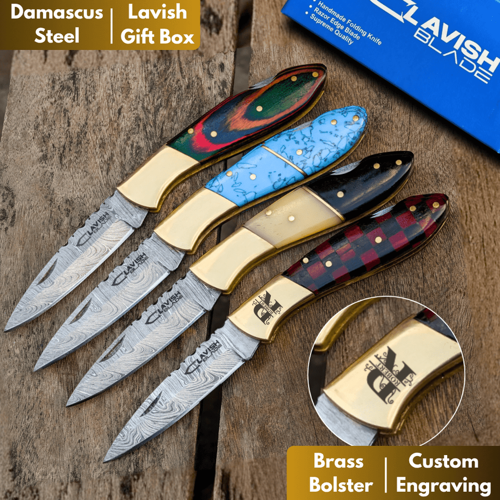 Personalized Damascus Folding Knife with Stone Bone Handle Sheath and Box - Lavish Blade