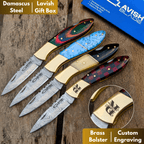 Personalized Damascus Folding Knife with Stone Bone Handle Sheath and Box - Lavish Blade