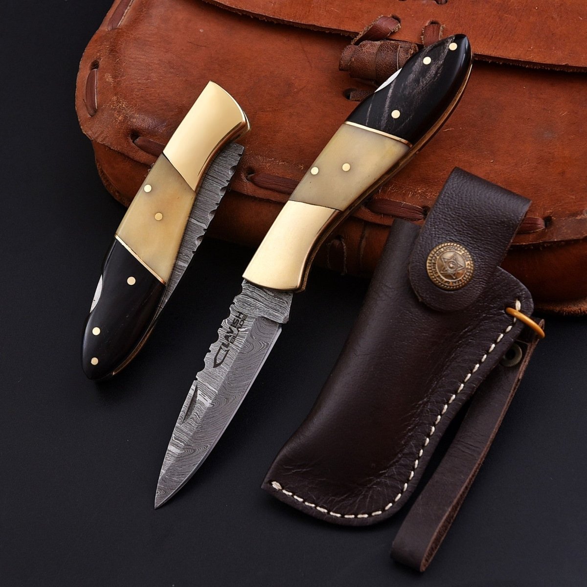 Personalized Damascus Folding Knife with Stone Bone Handle Sheath and Box - Lavish Blade