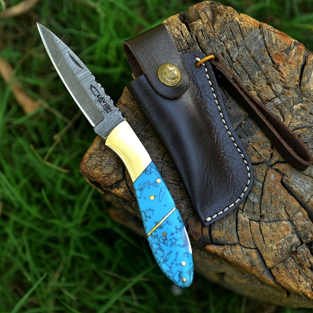 Personalized Damascus Folding Knife with Stone Bone Handle Sheath and Box - Lavish Blade