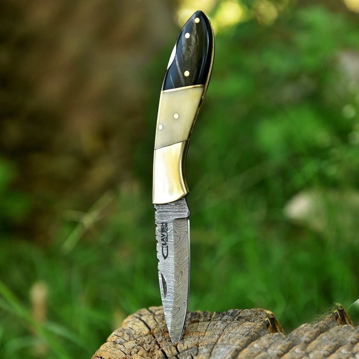 Personalized Damascus Folding Knife with Stone Bone Handle Sheath and Box - Lavish Blade