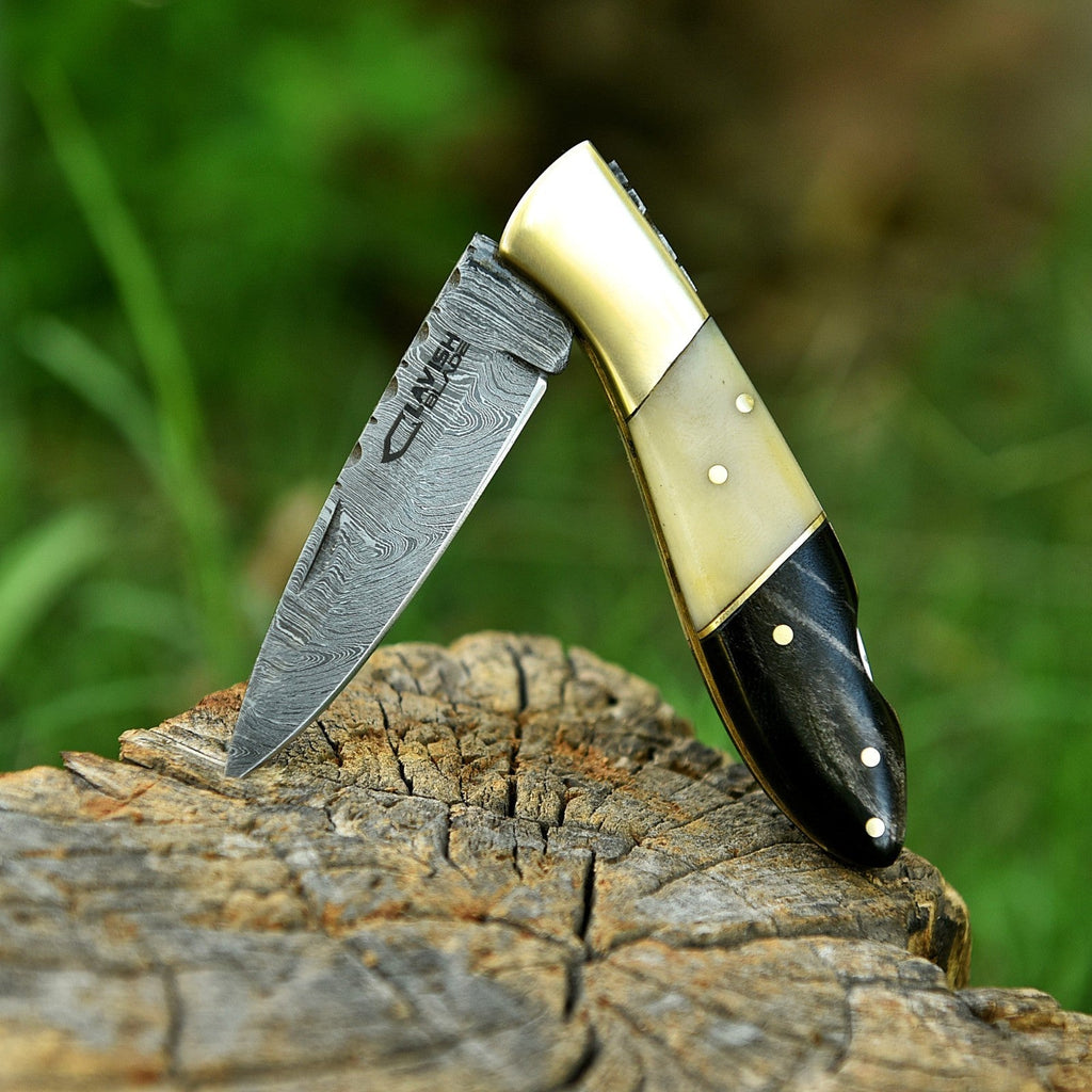 Personalized Damascus Folding Knife with Stone Bone Handle Sheath and Box - Lavish Blade