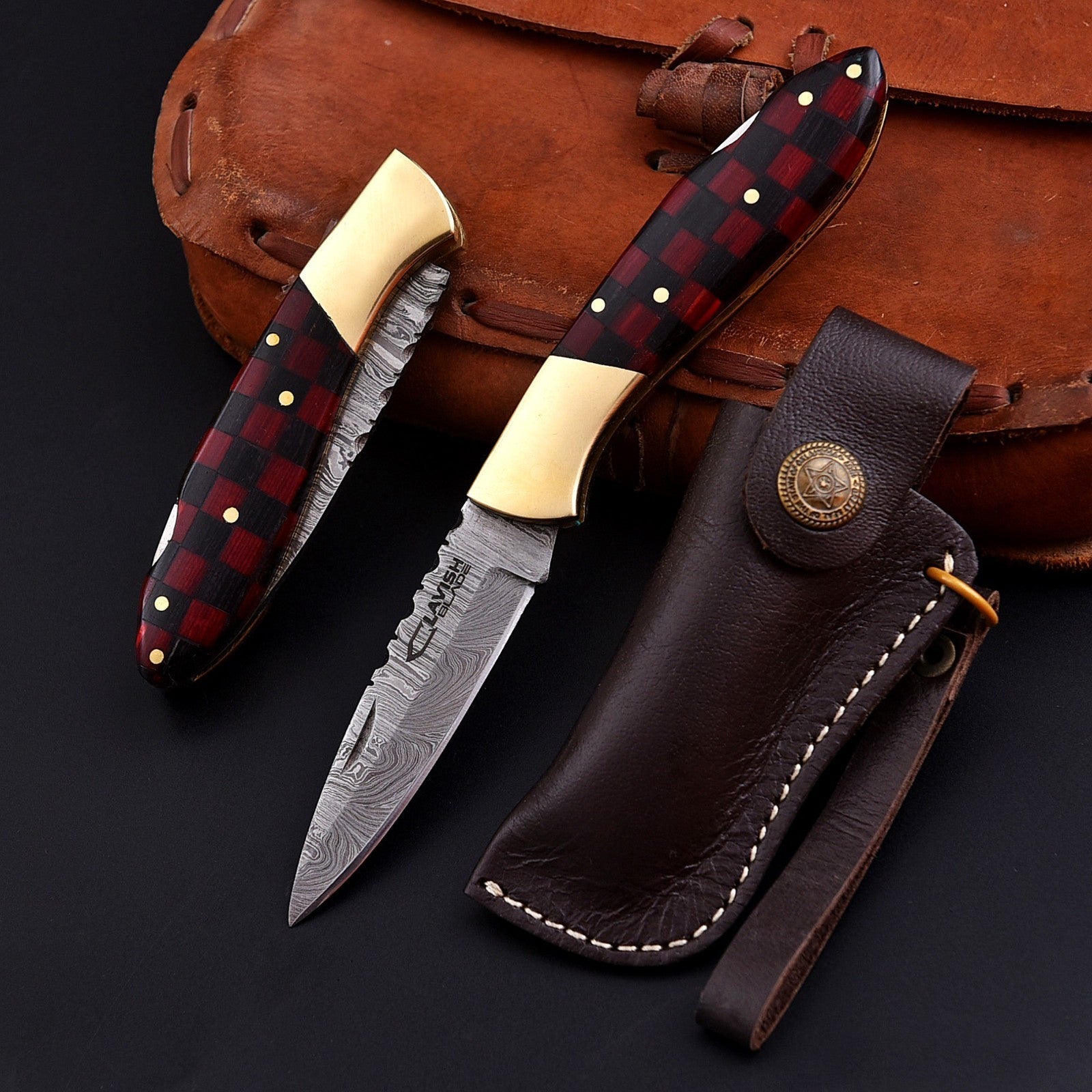 Personalized Damascus Folding Knife with Stone Bone Handle Sheath and Box - Lavish Blade