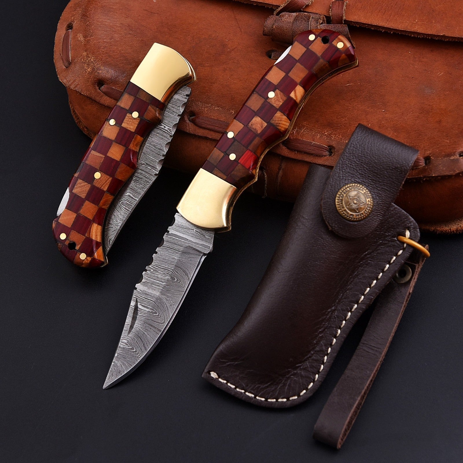 Personalized Damascus Folding Pocket Knife with Checkered Wood and Brass Bolster - Lavish Blade