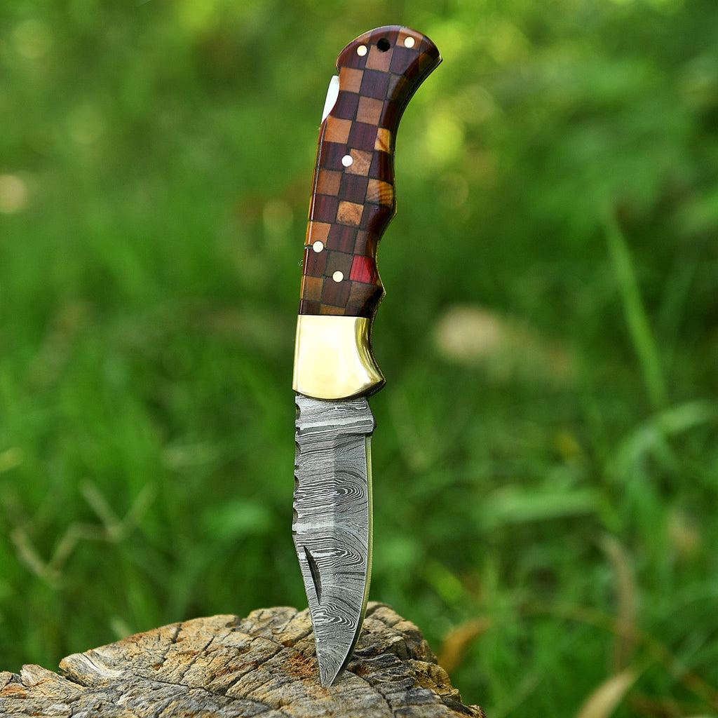 Personalized Damascus Folding Pocket Knife with Checkered Wood and Brass Bolster - Lavish Blade