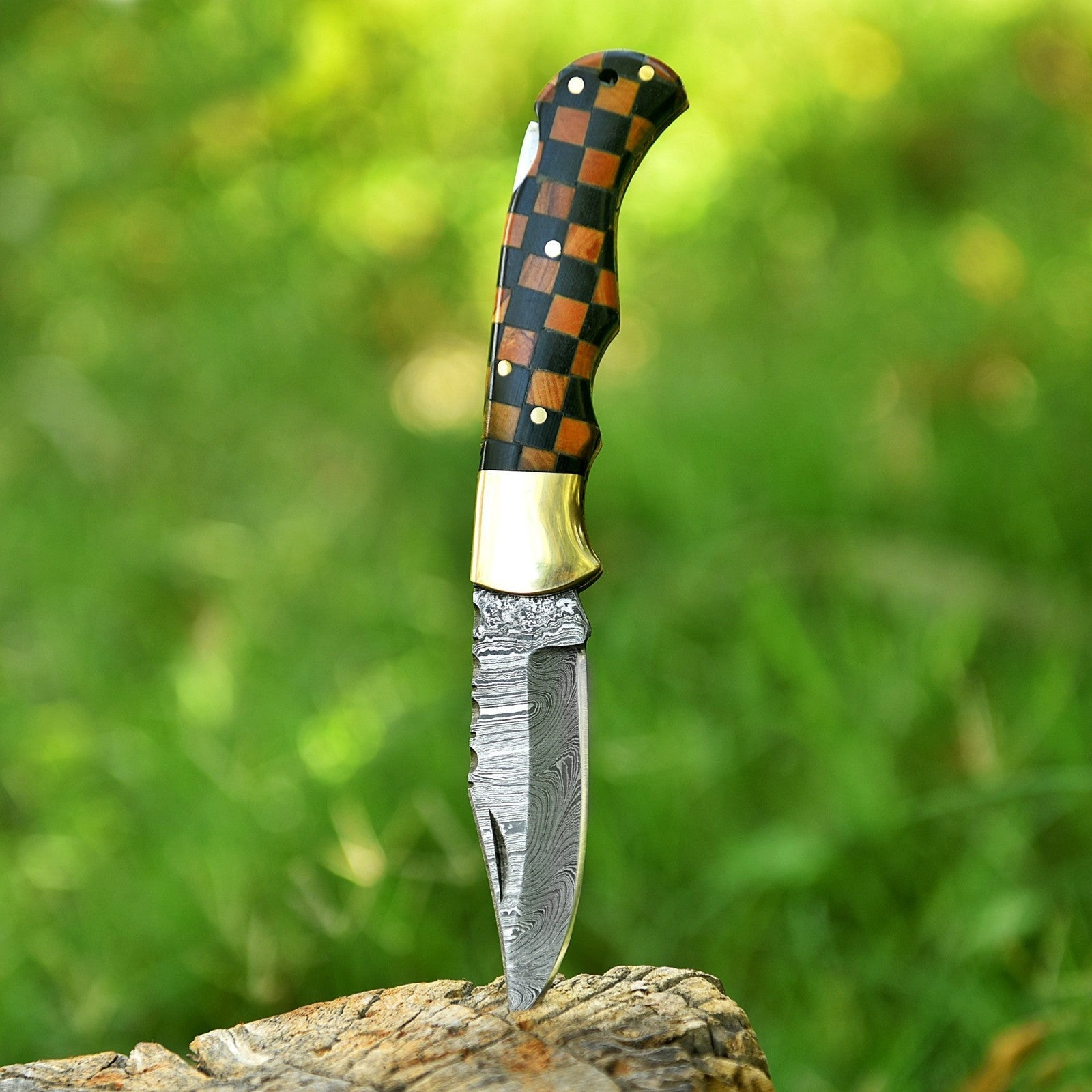 Personalized Damascus Folding Pocket Knife with Checkered Wood and Brass Bolster - Lavish Blade