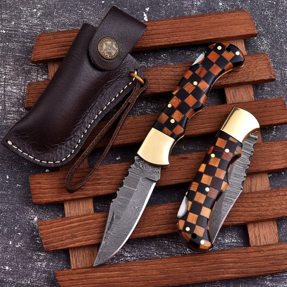 Personalized Damascus Folding Pocket Knife with Checkered Wood and Brass Bolster - Lavish Blade