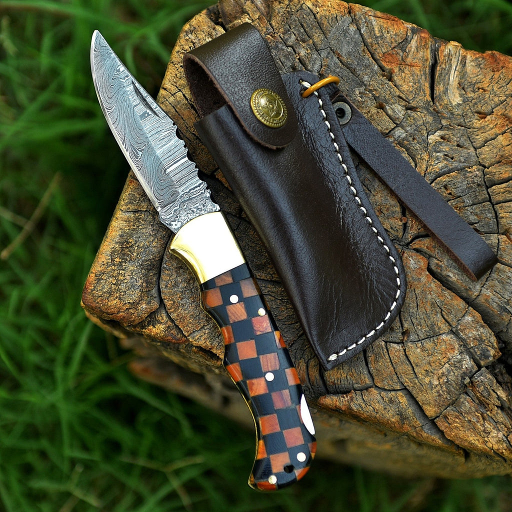 Personalized Damascus Folding Pocket Knife with Checkered Wood and Brass Bolster - Lavish Blade