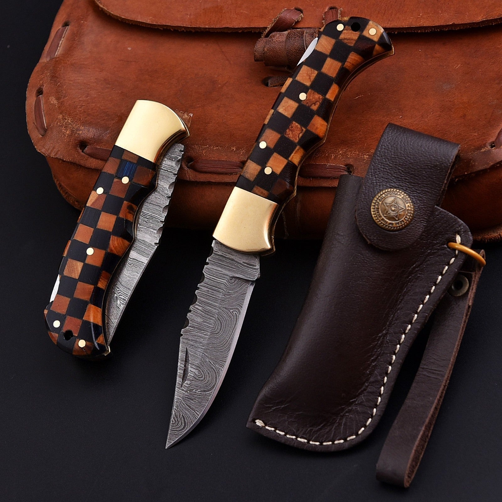 Personalized Damascus Folding Pocket Knife with Checkered Wood and Brass Bolster - Lavish Blade