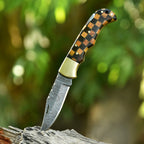 Personalized Damascus Folding Pocket Knife with Checkered Wood and Brass Bolster - Lavish Blade