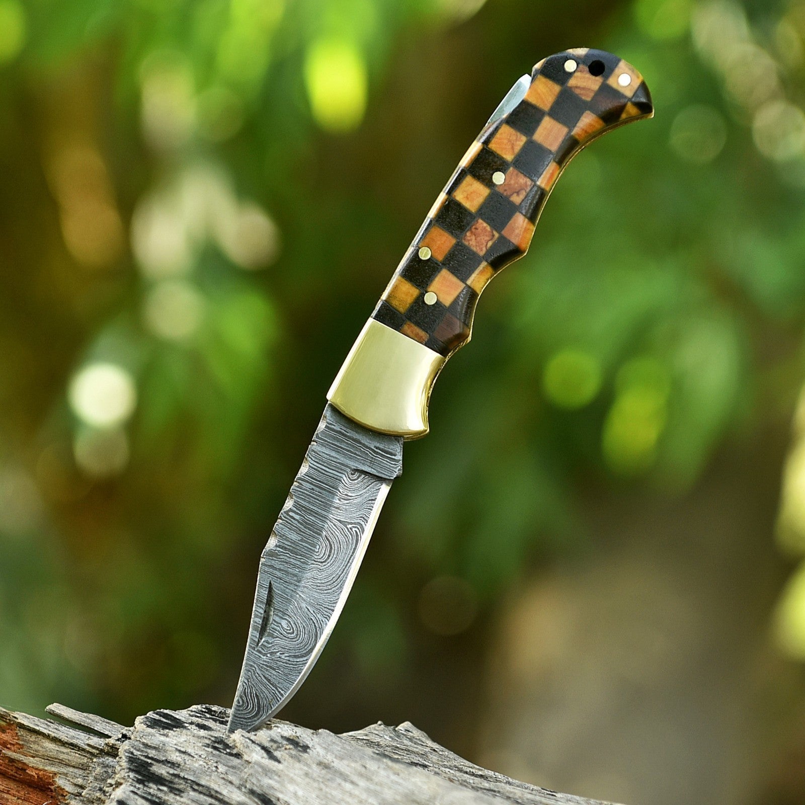 Personalized Damascus Folding Pocket Knife with Checkered Wood and Brass Bolster - Lavish Blade