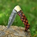 Personalized Damascus Folding Pocket Knife with Checkered Wood and Brass Bolster - Lavish Blade