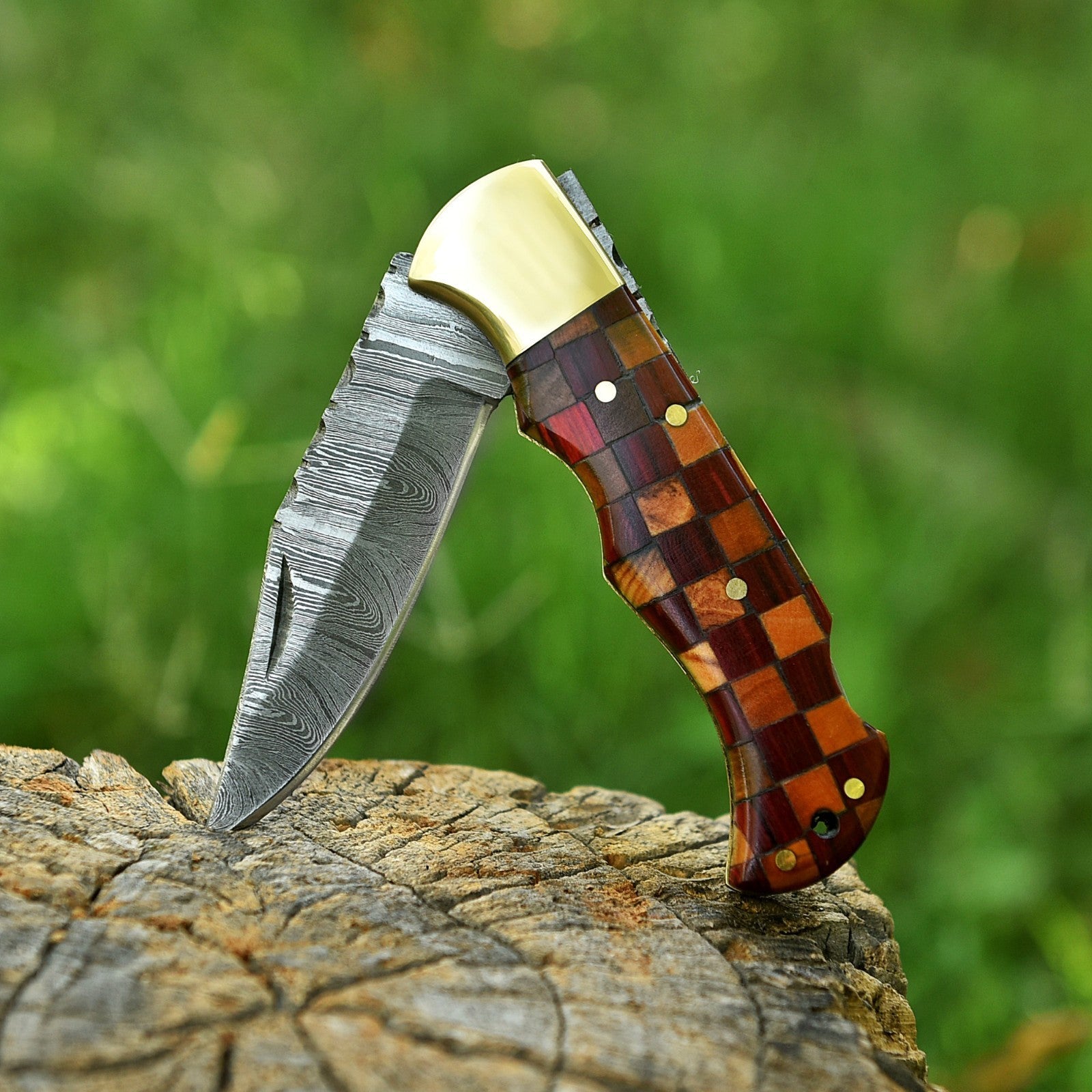 Personalized Damascus Folding Pocket Knife with Checkered Wood and Brass Bolster - Lavish Blade