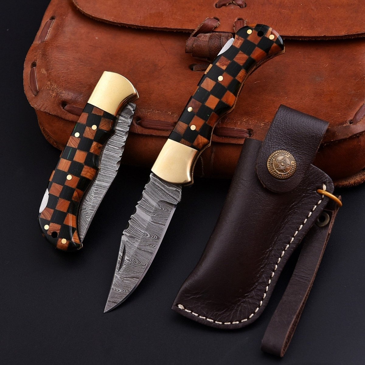 Personalized Damascus Folding Pocket Knife with Checkered Wood and Brass Bolster - Lavish Blade