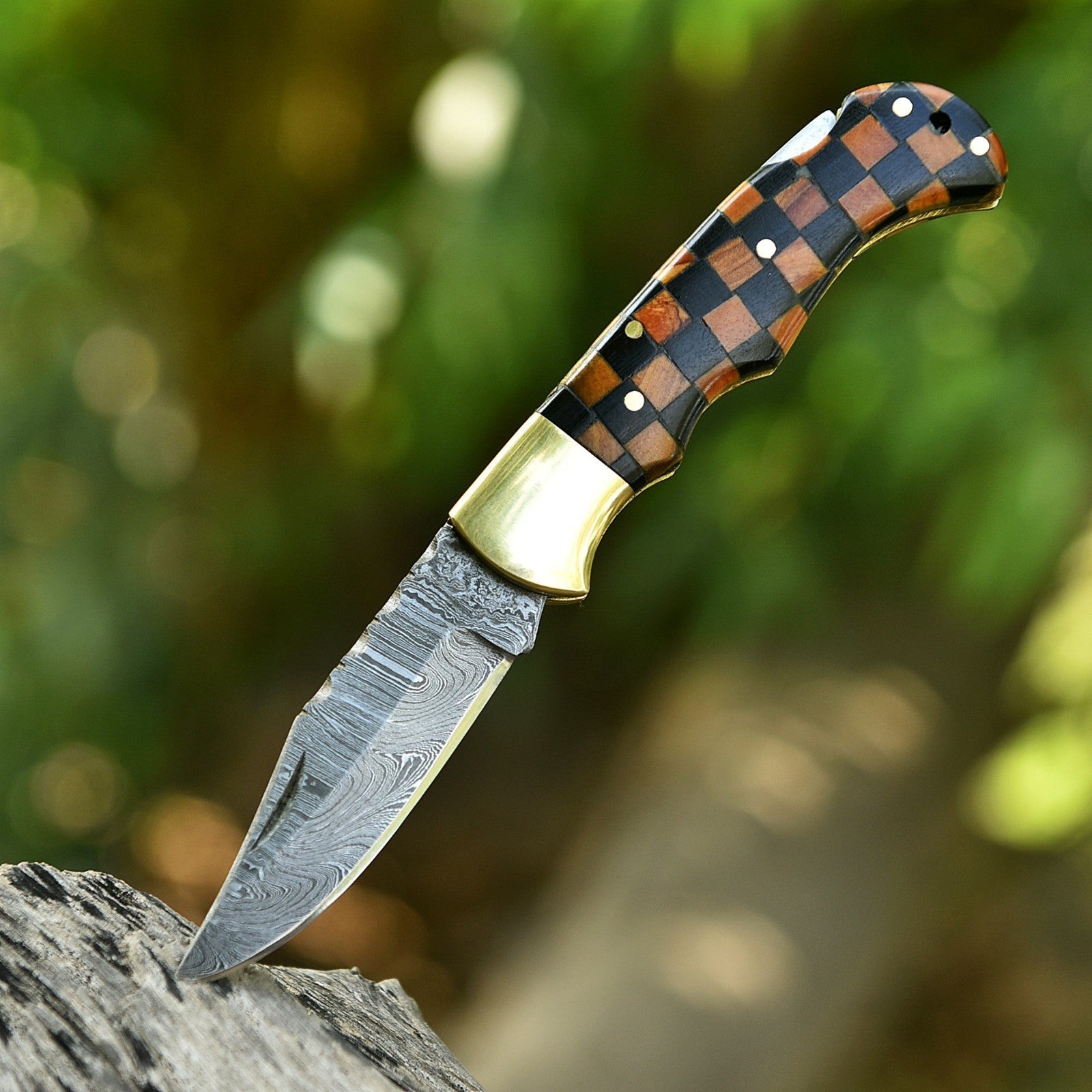 Personalized Damascus Folding Pocket Knife with Checkered Wood and Brass Bolster - Lavish Blade