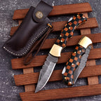 Personalized Damascus Folding Pocket Knife with Checkered Wood and Brass Bolster - Lavish Blade