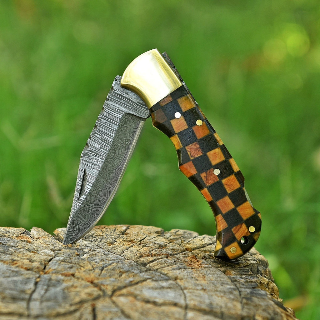 Personalized Damascus Folding Pocket Knife with Checkered Wood and Brass Bolster - Lavish Blade