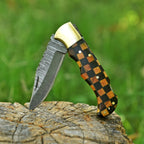 Personalized Damascus Folding Pocket Knife with Checkered Wood and Brass Bolster - Lavish Blade