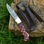 Personalized Damascus Folding Pocket Knife with Checkered Wood and Brass Bolster - Lavish Blade