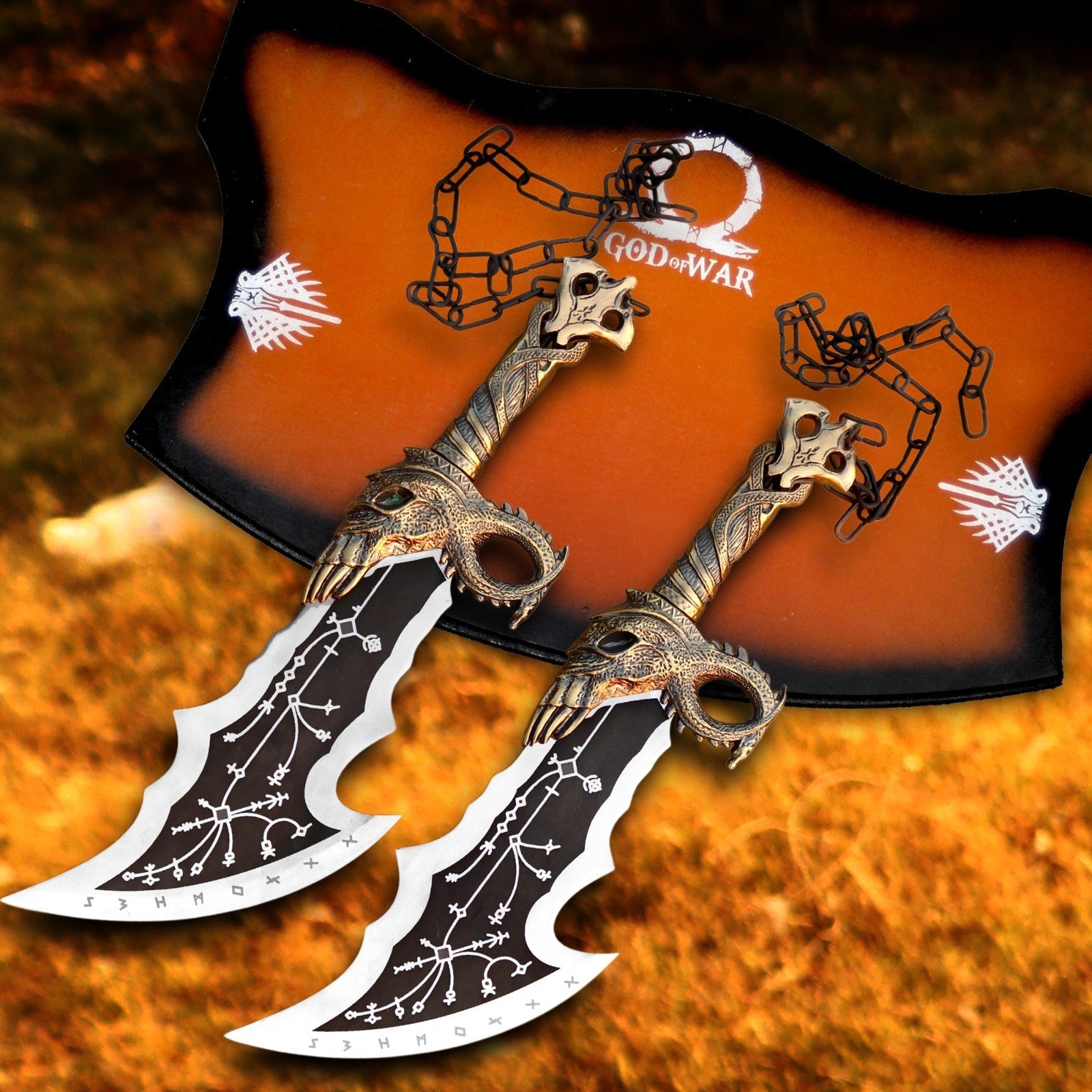 Twin Chained Warrior Blades Set with Wall Display Plaque - Lavish Blade