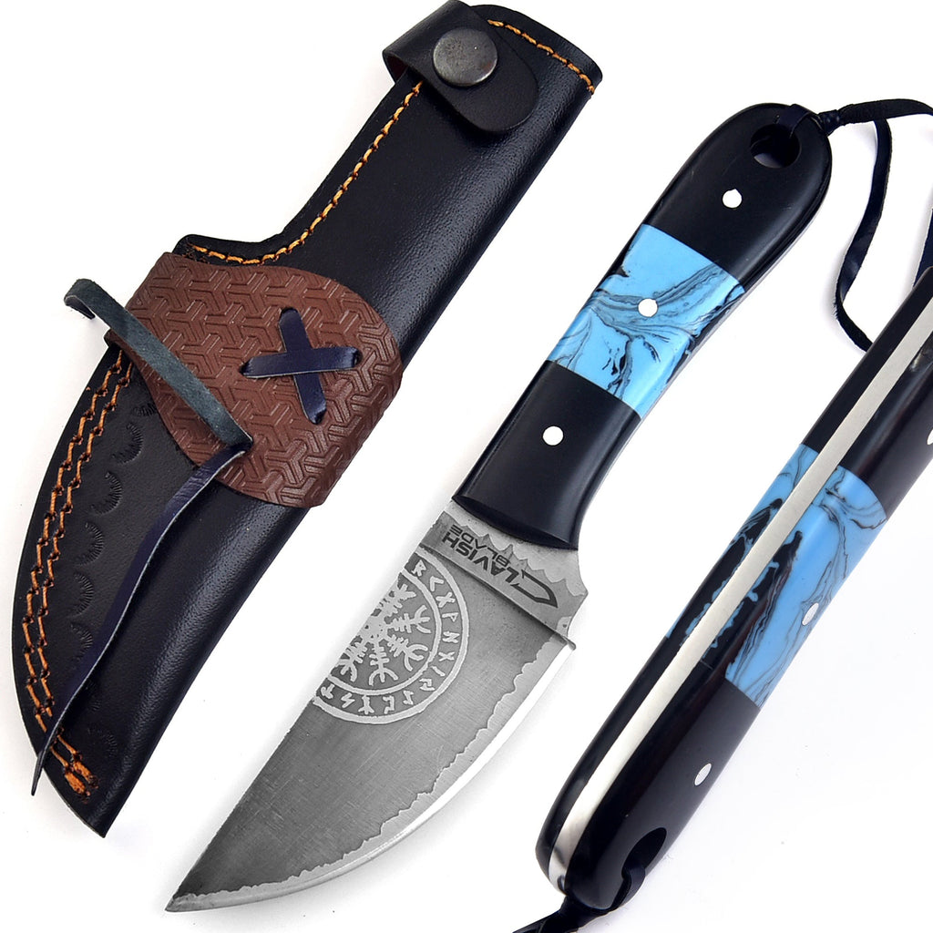 Viking Etched Acid Wash Bushcraft Knife 9 Inch Blue Resin Handle with Sheath - Lavish Blade