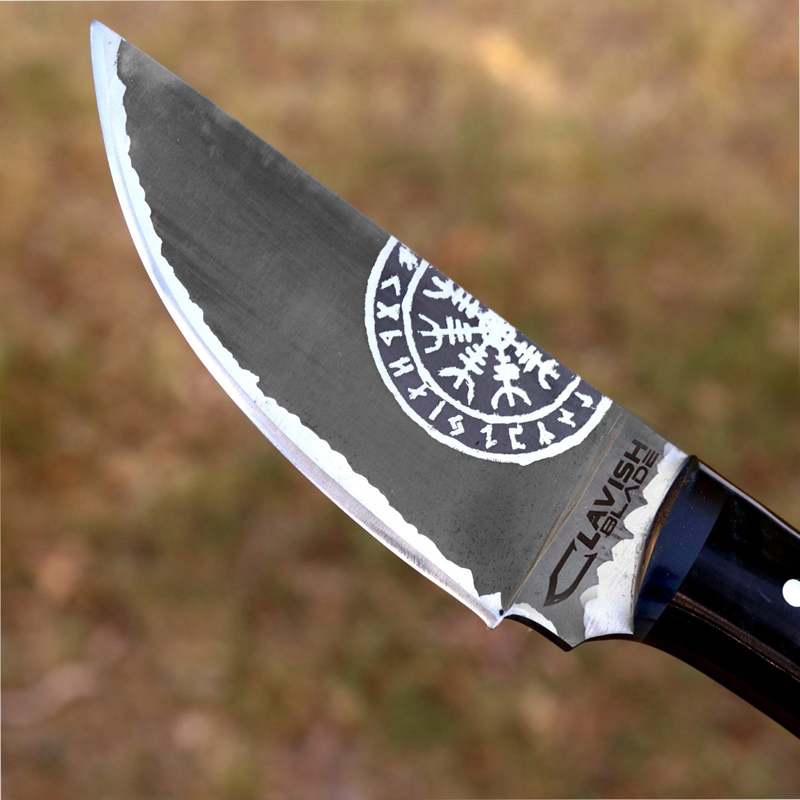 Viking Etched Acid Wash Bushcraft Knife 9 Inch Blue Resin Handle with Sheath - Lavish Blade