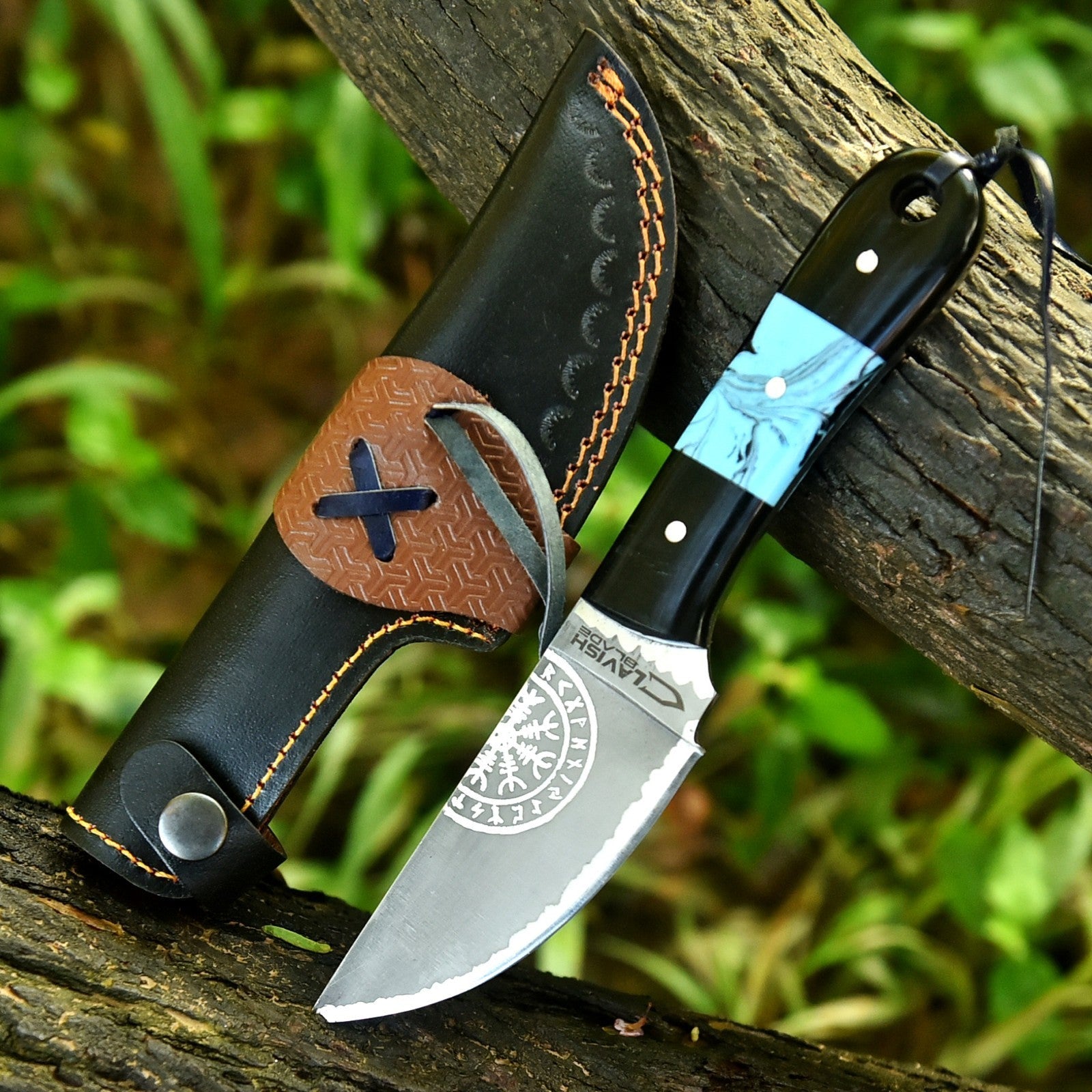 Viking Etched Acid Wash Bushcraft Knife 9 Inch Blue Resin Handle with Sheath - Lavish Blade