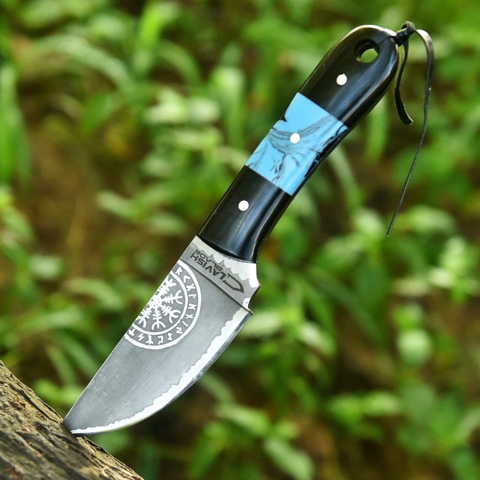 Viking Etched Acid Wash Bushcraft Knife 9 Inch Blue Resin Handle with Sheath - Lavish Blade