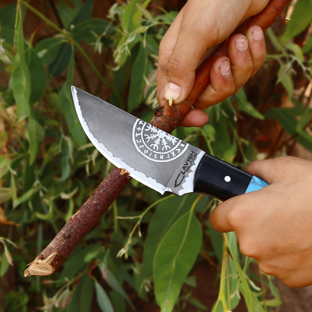Viking Etched Acid Wash Bushcraft Knife 9 Inch Blue Resin Handle with Sheath - Lavish Blade