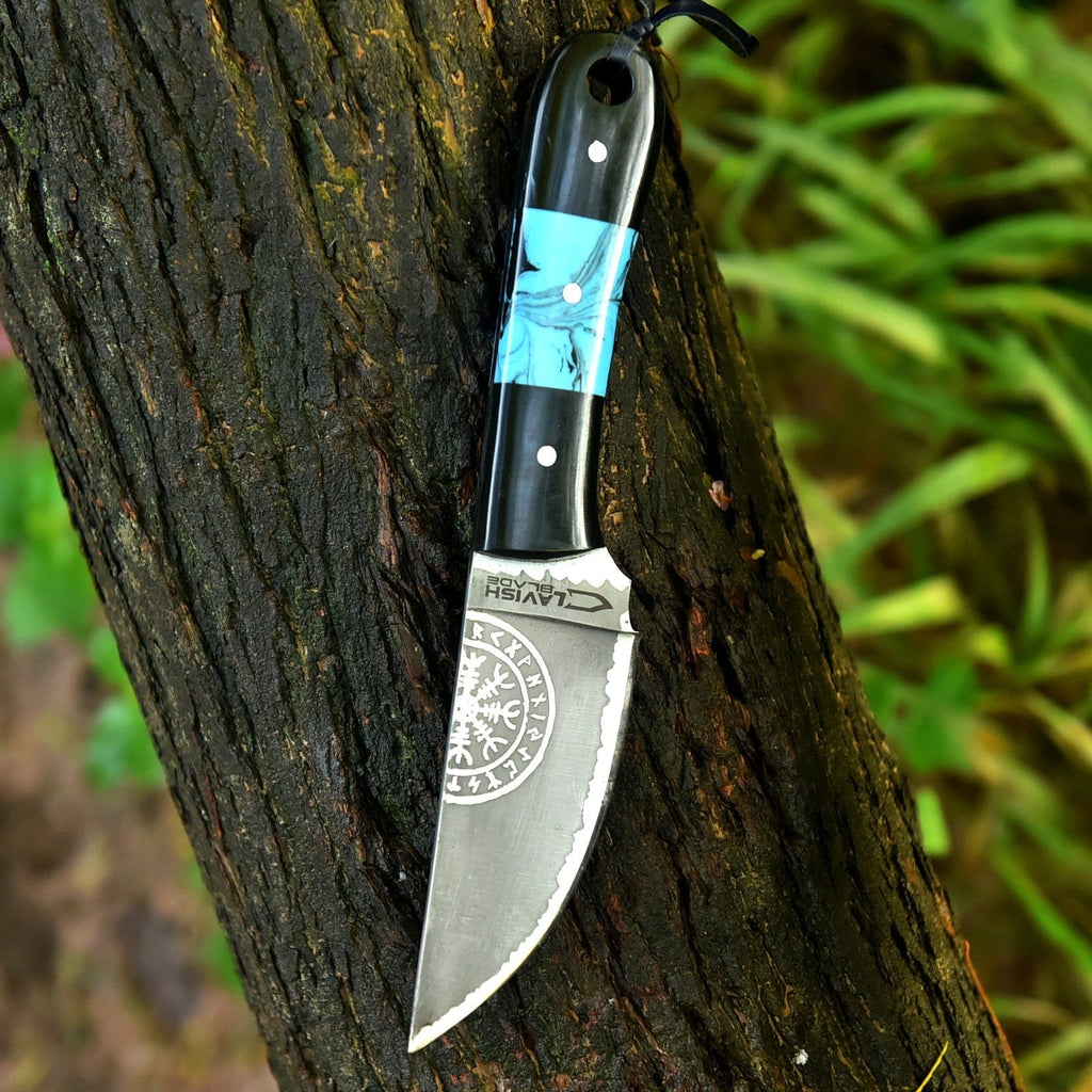 Viking Etched Acid Wash Bushcraft Knife 9 Inch Blue Resin Handle with Sheath - Lavish Blade