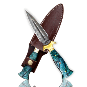 Custom Damascus Dagger Knife – Double Edge Blade with Brass Guard & Resin Handle