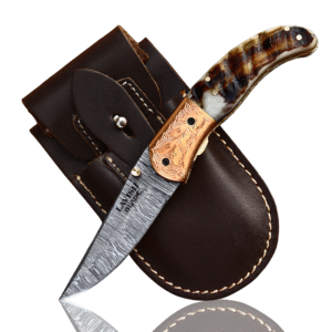 Handmade Damascus Steel knife Brass  Sheep Horn Folding Knife