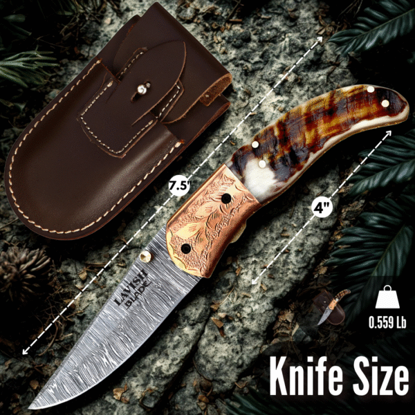 Handmade Damascus Steel knife Brass  Sheep Horn Folding Knife - Image 6