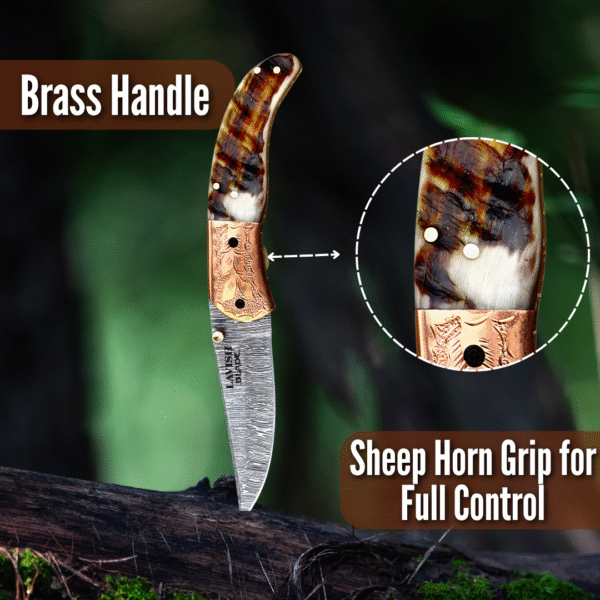 Handmade Damascus Steel knife Brass  Sheep Horn Folding Knife - Image 4