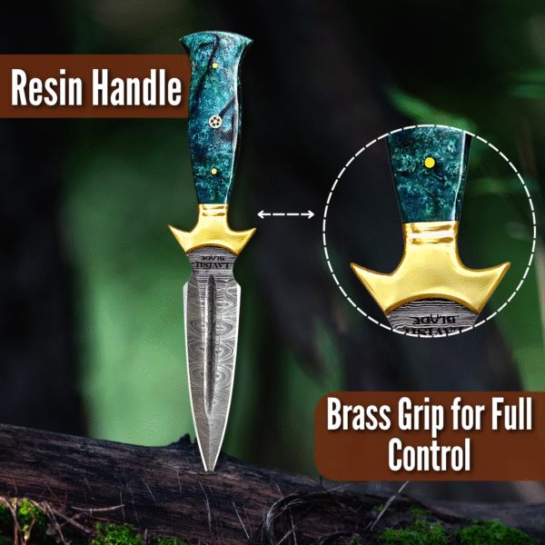 Custom Damascus Dagger Knife – Double Edge Blade with Brass Guard & Resin Handle - Image 4
